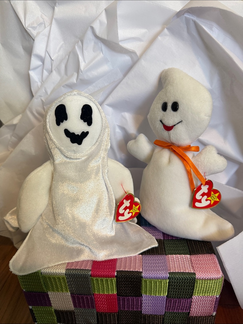 Ty White Ghost Plush Duo with Orange Ribbon
